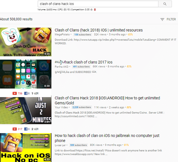 youtube search results low competiton